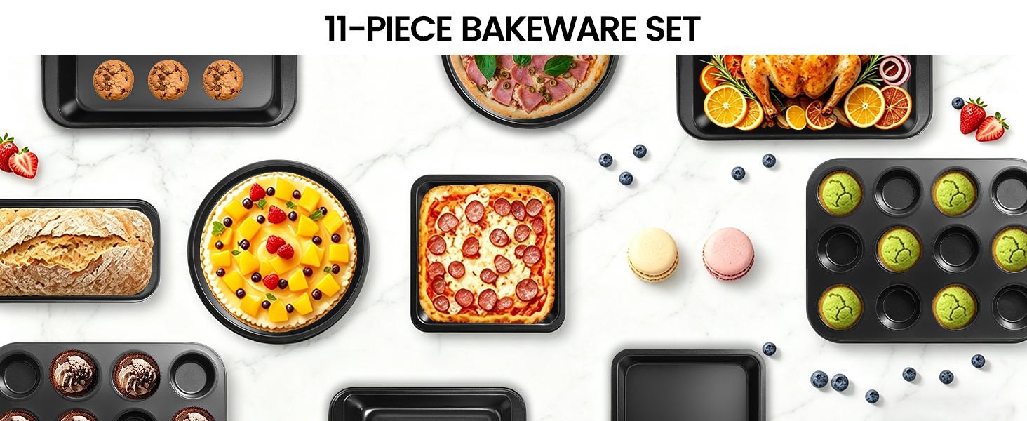 11-Piece Nonstick Baking Pans Set - Professional Grade Carbon Steel Bakeware with Premium Coating- Dishwasher Safe, Stackable, Oven Safe to 450 ° F (Black)