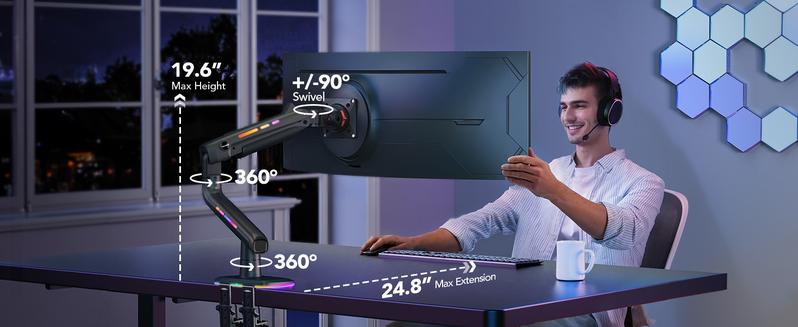 HUANUO RGB/Non-RGB Monitor Arm for Ultrawide Screens up to 57″/49'', Heavy-Duty Single Mount Holds 44 lbs, Fully Adjustable Gaming Monitor Arm with C-Clamp & Grommet Base, Max VESA 100 x 100mm