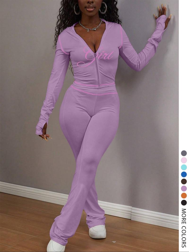 【LovelyWholesale】Two-piece Set Women's Colorblock Letter Print Zip Up Crop Jacket & High Waist Flare Leg Pants, Casual Fashion Cozy Breathable Outfits for Yoga Gym Workout, Ladies Sportswear for Fall
