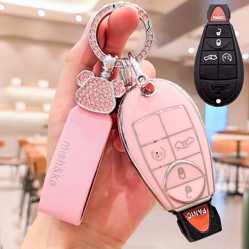 Car Key Case, 1 Count Rhinestone Decor Car Key Protector with Keychain, Car Key Case for Jeep Grand Cherokee 09-12 Chrysler 300 Dodge Charger RAM