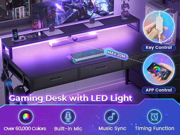 SEDETA 55 Inch Reversible Gaming Desk with 6 Drawers PC Desk with LED Lights Power Outlet Corner Computer Desk with Monitor Stand