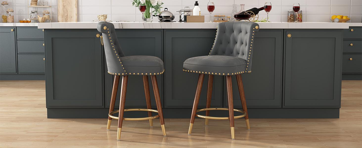 Counter Height Bar Stools, 360° Swivel Bar Stools, Upholstered Barstools with Back and Footrest for Kitchen Island, 24" H Seat Height, Solid Wood Legs