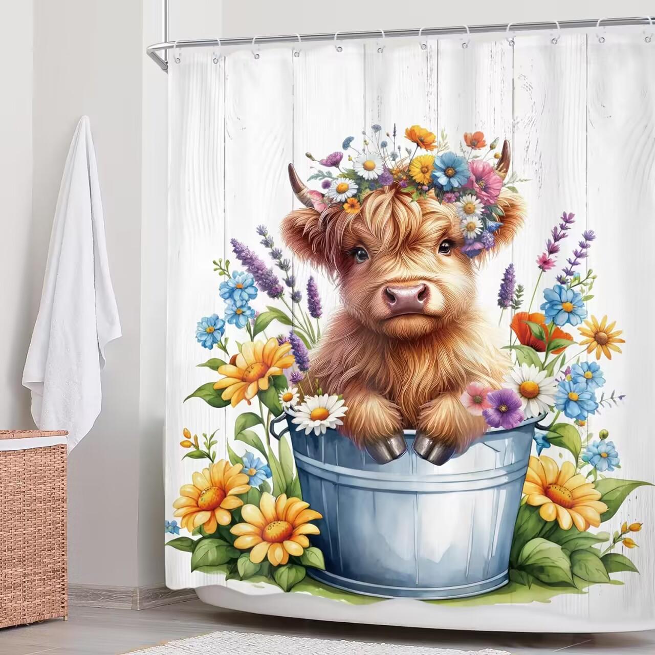 Cute Cow Pattern Bathroom Shower Curtain, 1 Count Waterproof Bathroom Curtain with 12pcs Hooks, Bathroom Decor Supplies, Bathroom Decoration Accessories
