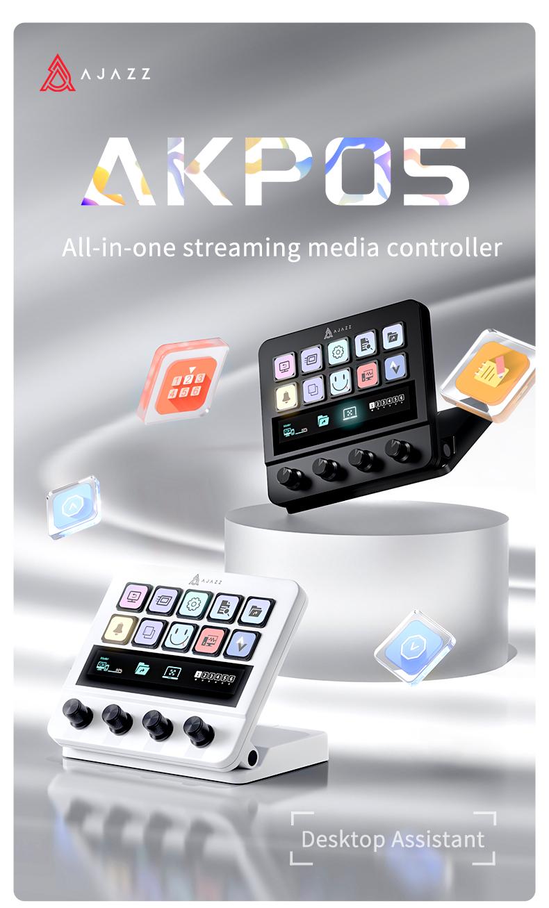 AJAZZ AKP05E Desktop Streaming Controller Programmable LCD Button Multi functional Knob Touch Screen Operation 0-60 ° Adjustable Bracket Compatible with Win/Mac Office Live Streaming Multi scene Application USB Controller