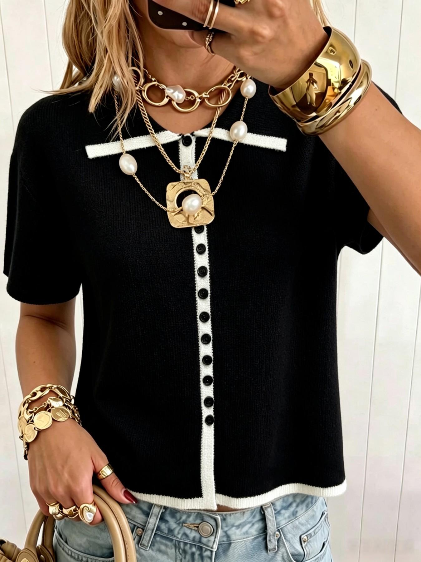 Elegant Polo Neck Button Front Pullover, Casual Colorblock Short Sleeve Top, Loose Fit Fall Fashion Women's Sweater