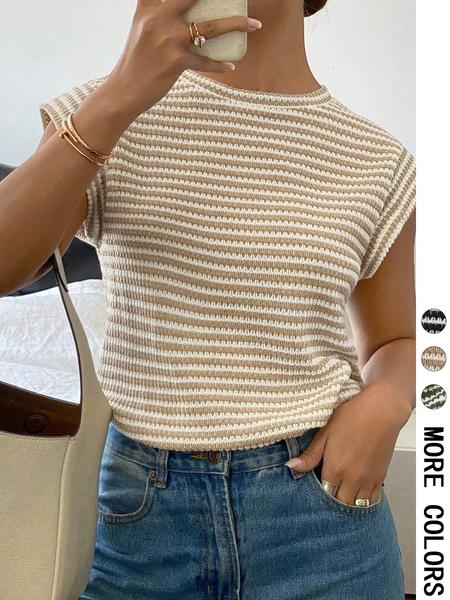 Women's Striped Print Crew Neck Tee, Casual Slim-fitting Cap  Sleeve T-shirt, Ladies Summer Clothes for Daily Wear, Top