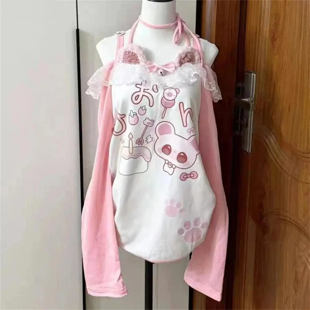Slash Neck Off Shoulder Lace Patchwork Bow Cute Graphic Tees Sweet Kawaii Cartoon Print Women T-shirt Y2k Aesthetic Tshirts Tops