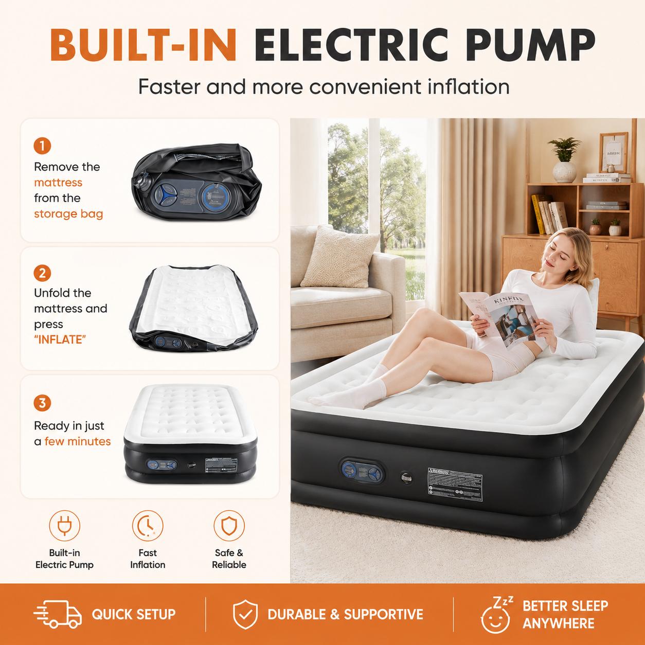 "Full Air Mattress with Built-In Pump – 18” Inflatable Airbed for Guests, Quick 3-Min Self-Inflating, Portable Blow Up Bed with Carry Bag – Type-0 Technology Air Coil, Full Size Sleep Comfort"