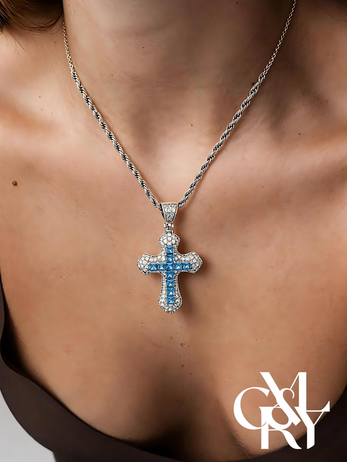CYL&RY 14K Gold Plated Iced Out Blue CZ Cross Pendant Necklace for Men Women, Hypoallergenic Box Chain, Perfect for Hip Hop Concerts, Church Events, Music Festivals, Club Nights Baddie Aesthetic Urban Street Style