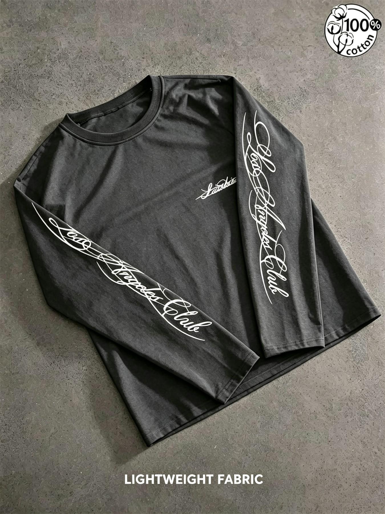 Unisex 100% Cotton Multi-Color Vertical Sleeve Script Lettering Long Sleeve Tee Mini Chest Logo Chicano American Streetwear Oversized Casual Top