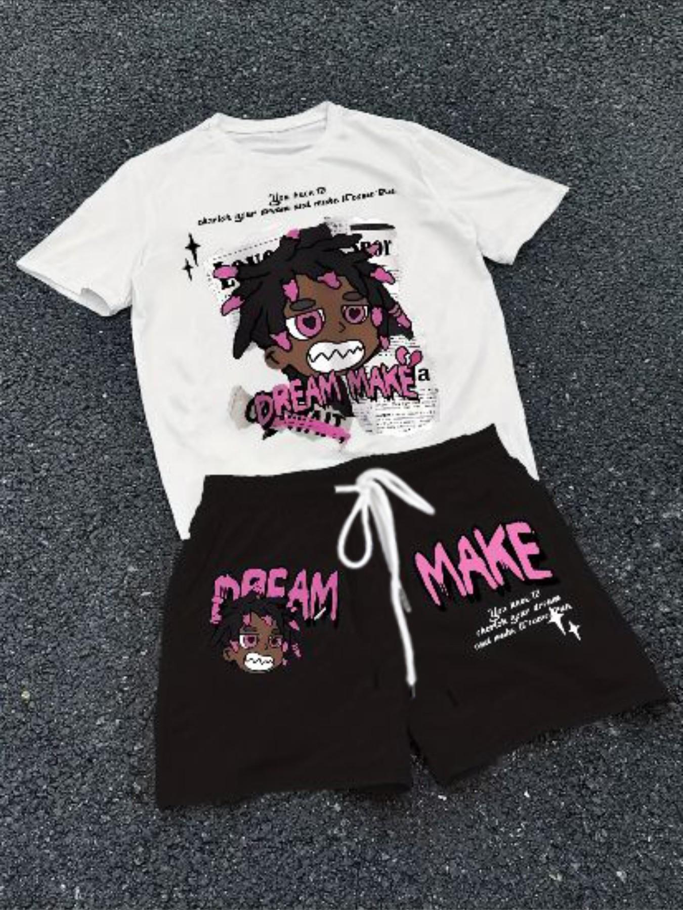 Summer Breathable Two-Piece Set, Cartoon Pattern Round Neck T-Shirt and Drawstring Shorts, Ideal for Outdoor Activities and Backpack Travel