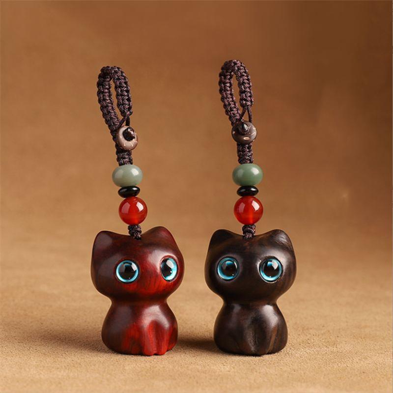 Cute Anime Cat Keychain For Women Men Mobile Phone Bag Chain Wooden Pendant Beads Creative Handmade Jewelry Accessories