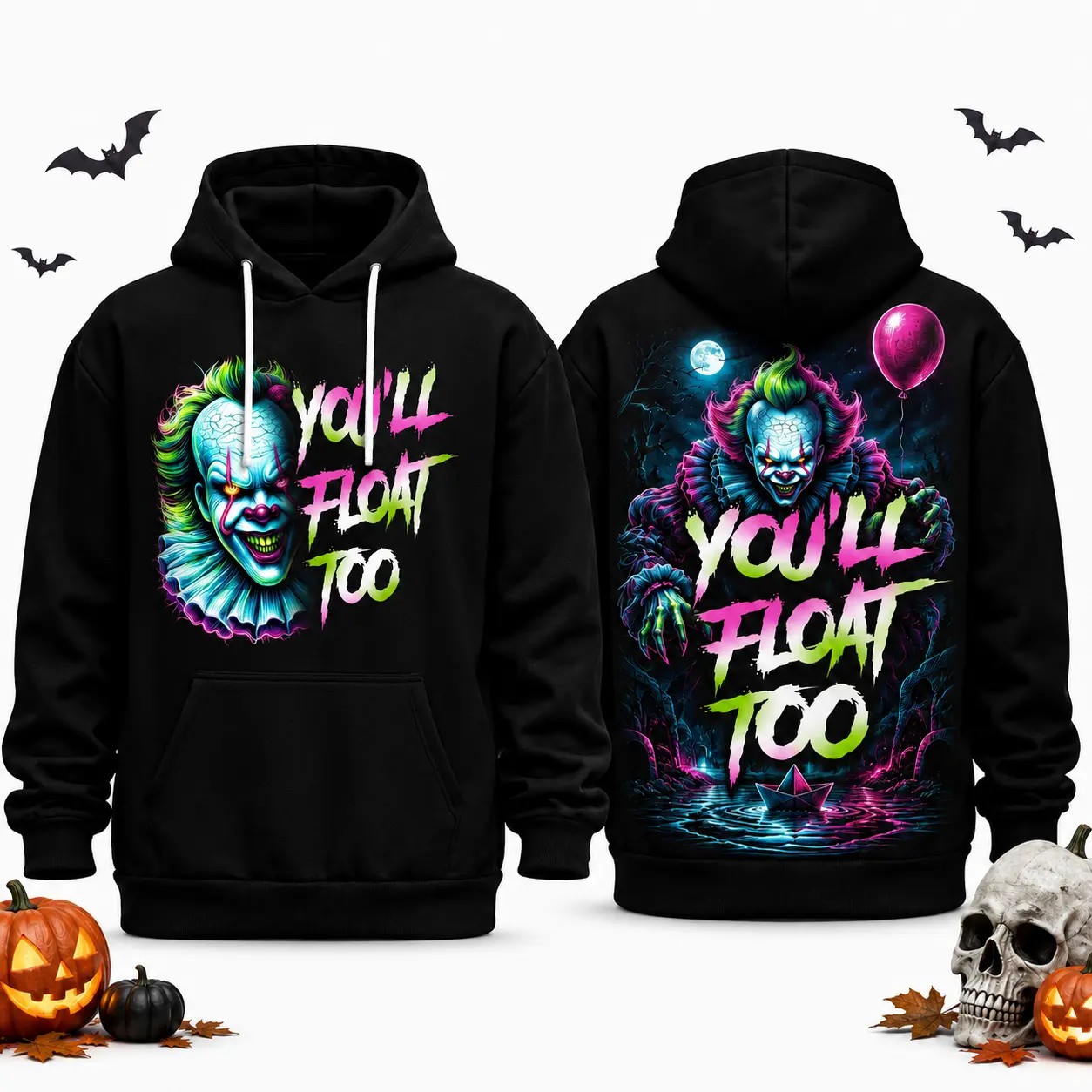 Unisex Horror Movie Villain Double Sided Graphic Hoodie, Retro Neon Scary Character Printed Pullover Hooded Sweatshirt, Spooky Halloween Gift