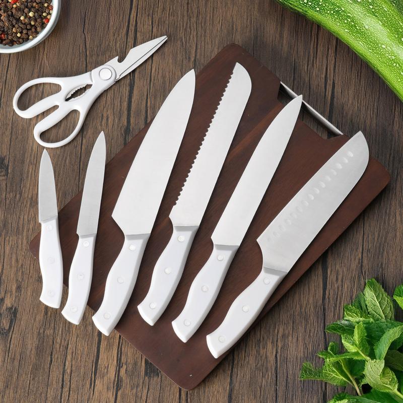15 Pieces, Kitchen Knife Set, Solid Wooden Knife Holder, Plastic Knife Holder, Chef's Knife, Japanese Knife, Meat Knife, Bread Knife, Steak Knife, Fruit Knife, Scissors, Meat and Vegetable Cutter,  Gift Set Kitchenware Sturdy Stylish Stainless Steel