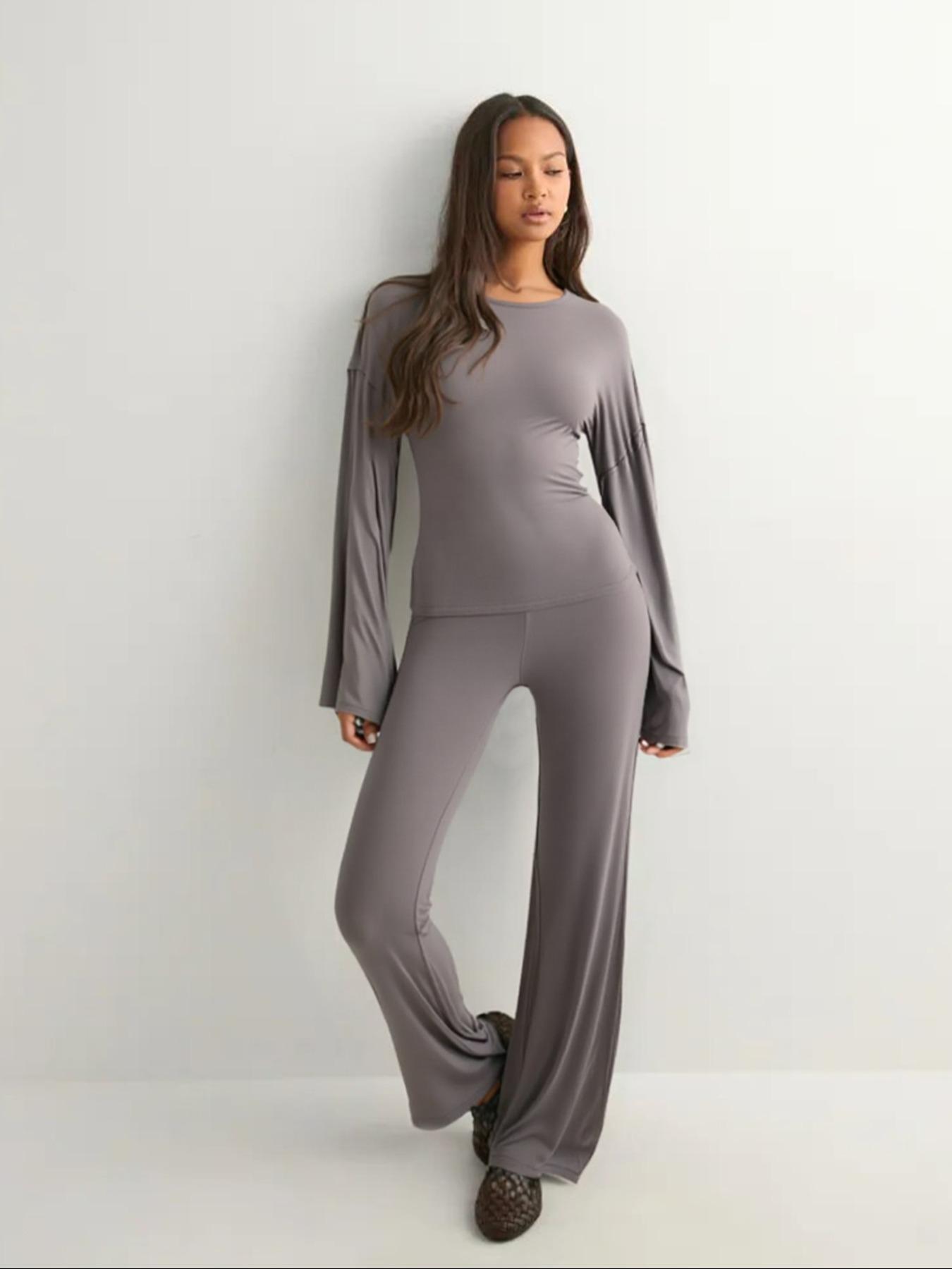 Women's New Fall Fitted Round Neck Flare Sleeve Top & Elastic Waist Straight Leg Pants Set, Casual Fashion for Daily Wear