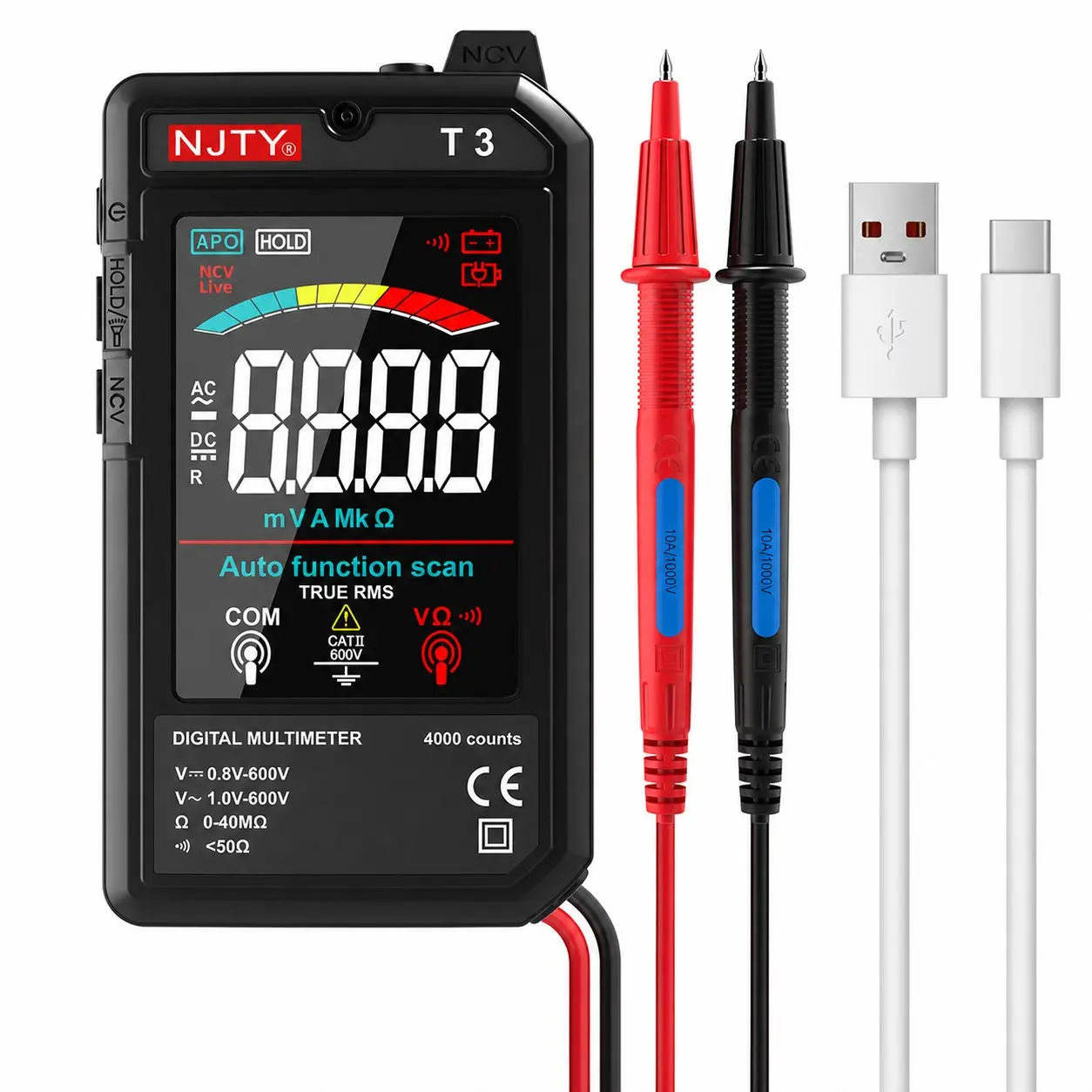Digital Multimeter, TYPE-C Rechargeable, Color Screen, Auto Recognition, Voltage Resistance NCV 4000 Counts Live Wire Detection for Home DIY, Electrical Work, Automobile, Smart Digital Multimeter