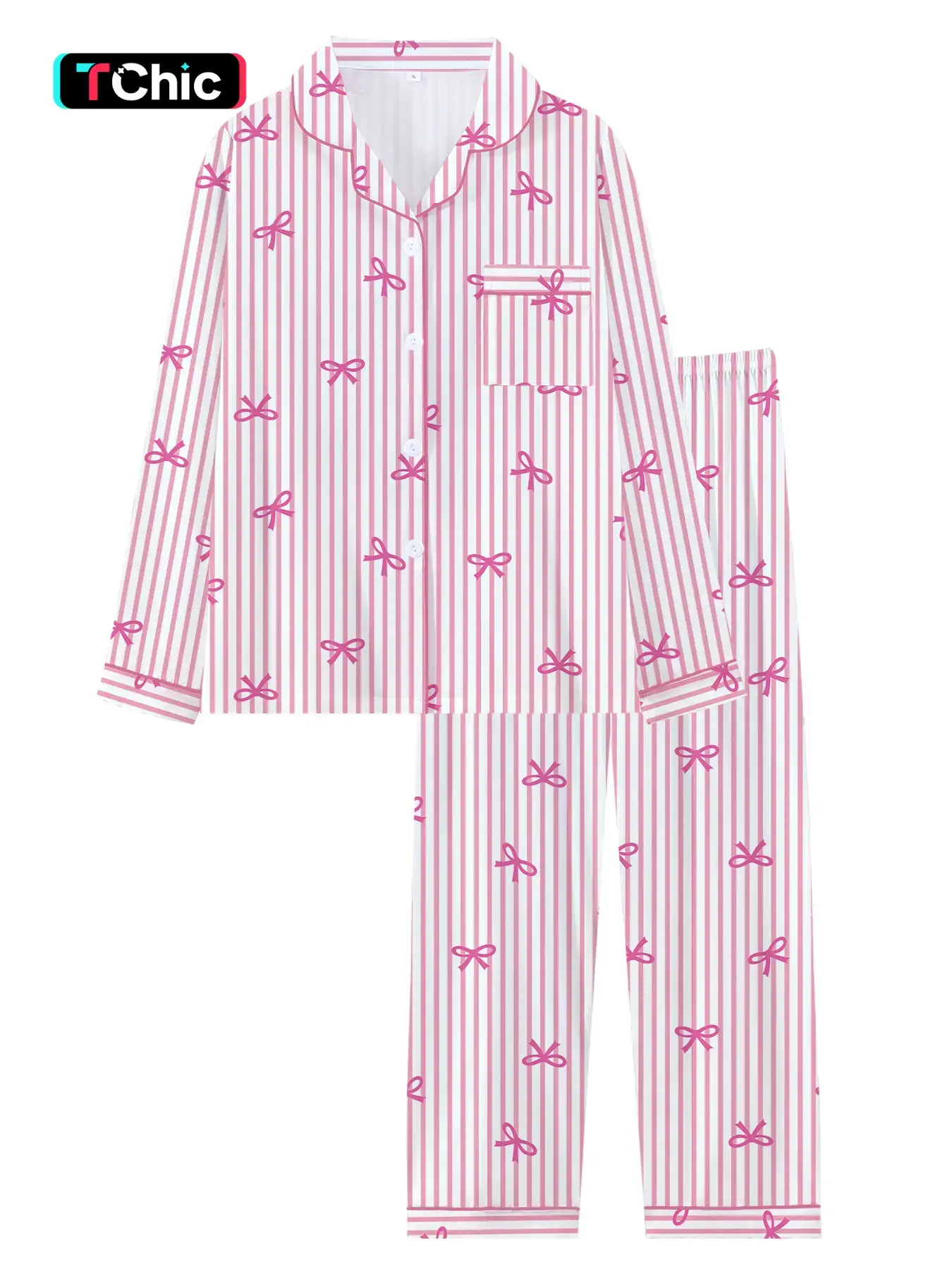 Teen Girls' Fall Winter Pajama Set, Striped Bow Tie Design, Long Sleeve & Pants, Casual All-Season Sleepwear, Comfortable, Ribbon Pajamas, Pyjama, Striped Print Pajama, Pj Sets, Pyjamas Set