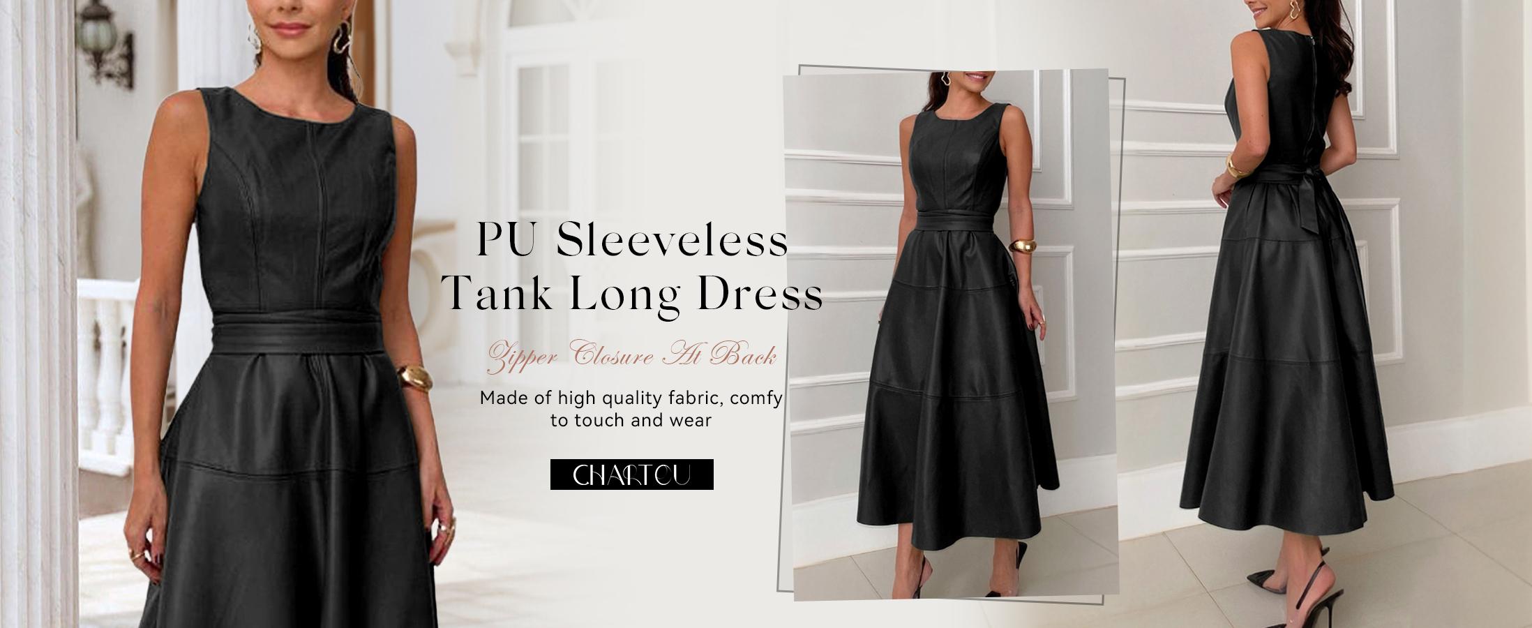CHARTOU Women's Summer and Autumn Sleeveless PU Faux Leather Dress Elegant Flowing Maxi Dress with Belt