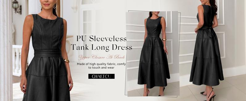 CHARTOU Women's Summer and Autumn Sleeveless PU Faux Leather Dress Elegant Flowing Maxi Dress with Belt