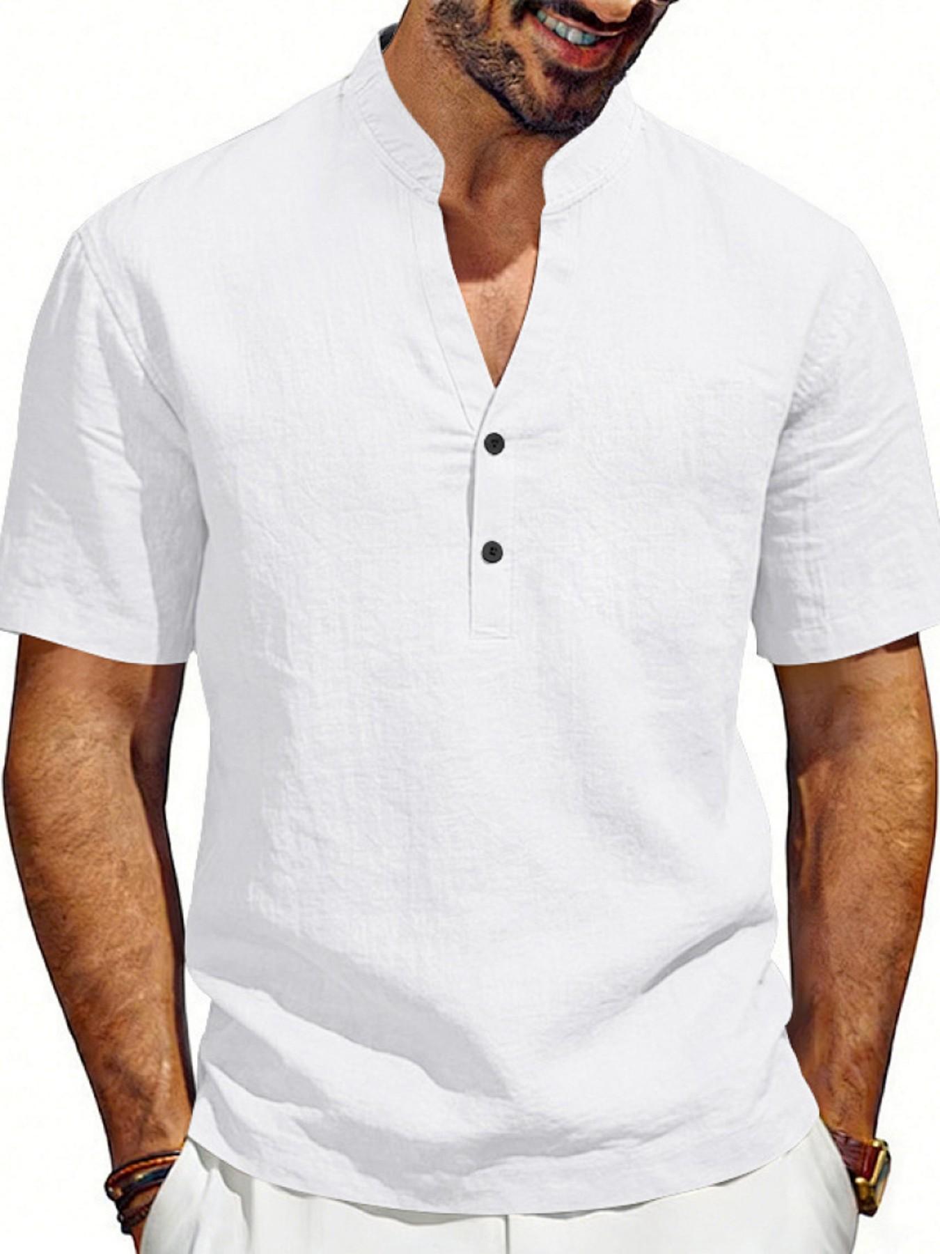 Men's Summer Loose Fit Linen Casual Breathable Henry V Neck Short Sleeve Shirt, Cross-Border American Style Commuter Top
