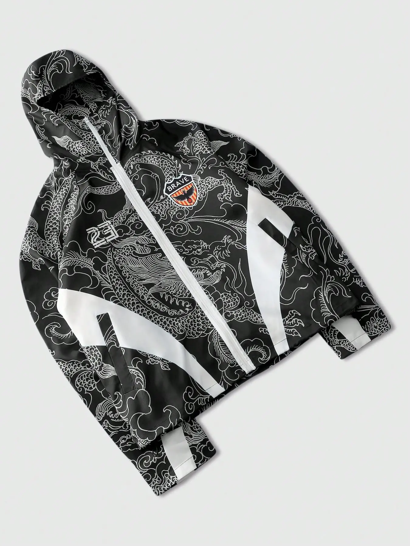 Men's Black White Dragon Print Hooded Windbreaker Jacket, Full Zip Geometric Badge Digital Print Streetwear Coat, Casual Outerwear