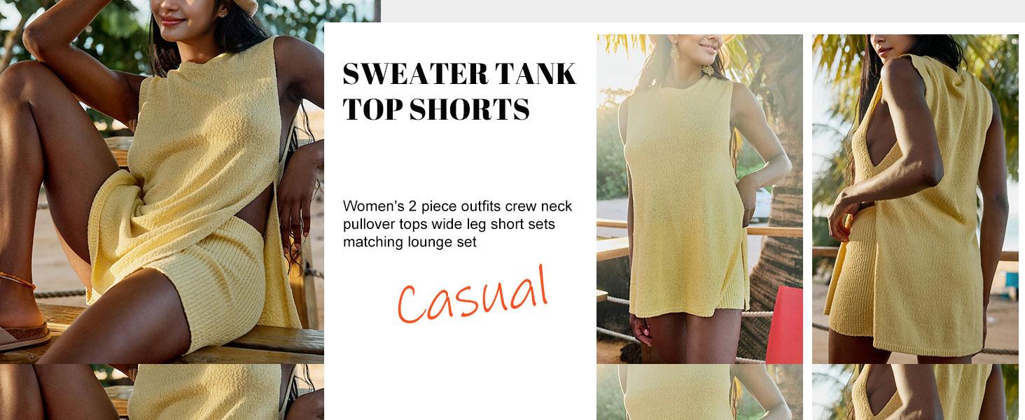 Yeokou Womens Beach 2 Piece Sets Knit Loungewear Crew Neck Pullover Casual Sleeveless Sweater Tank Top Shorts