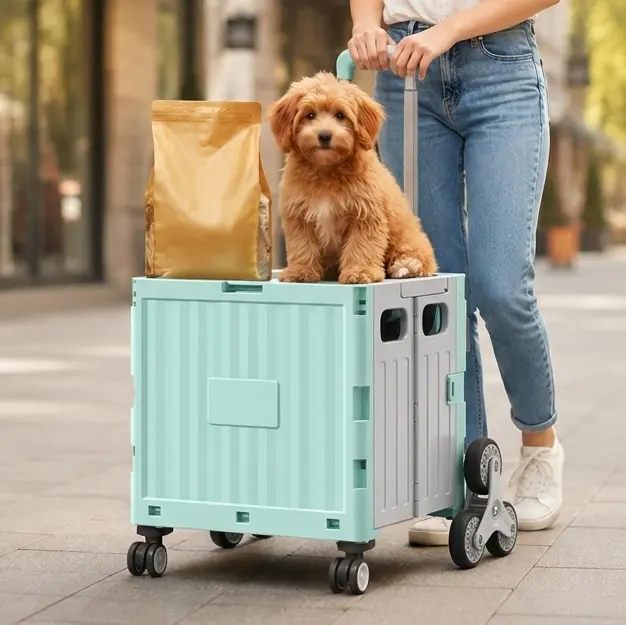 Portable Hand Trolley 2-in-1 Foldable Shopping Cart & Pet Carrier with Stair Climbing Wheels, 40L Collapsible Rolling Crate, High Load Bearing, Lockable Casters, Compact Storage for Travel, Picnic, Pet Walking & Household Organizing