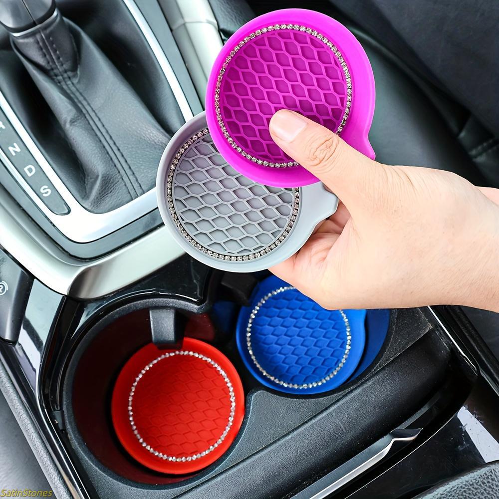 2 Pack Bling Rhinestone Car Cup Coasters, Non Slip Rubber Round Cup Mats, Stylish Auto Interior Decor Accessories for Universal Car Cup Holder Use