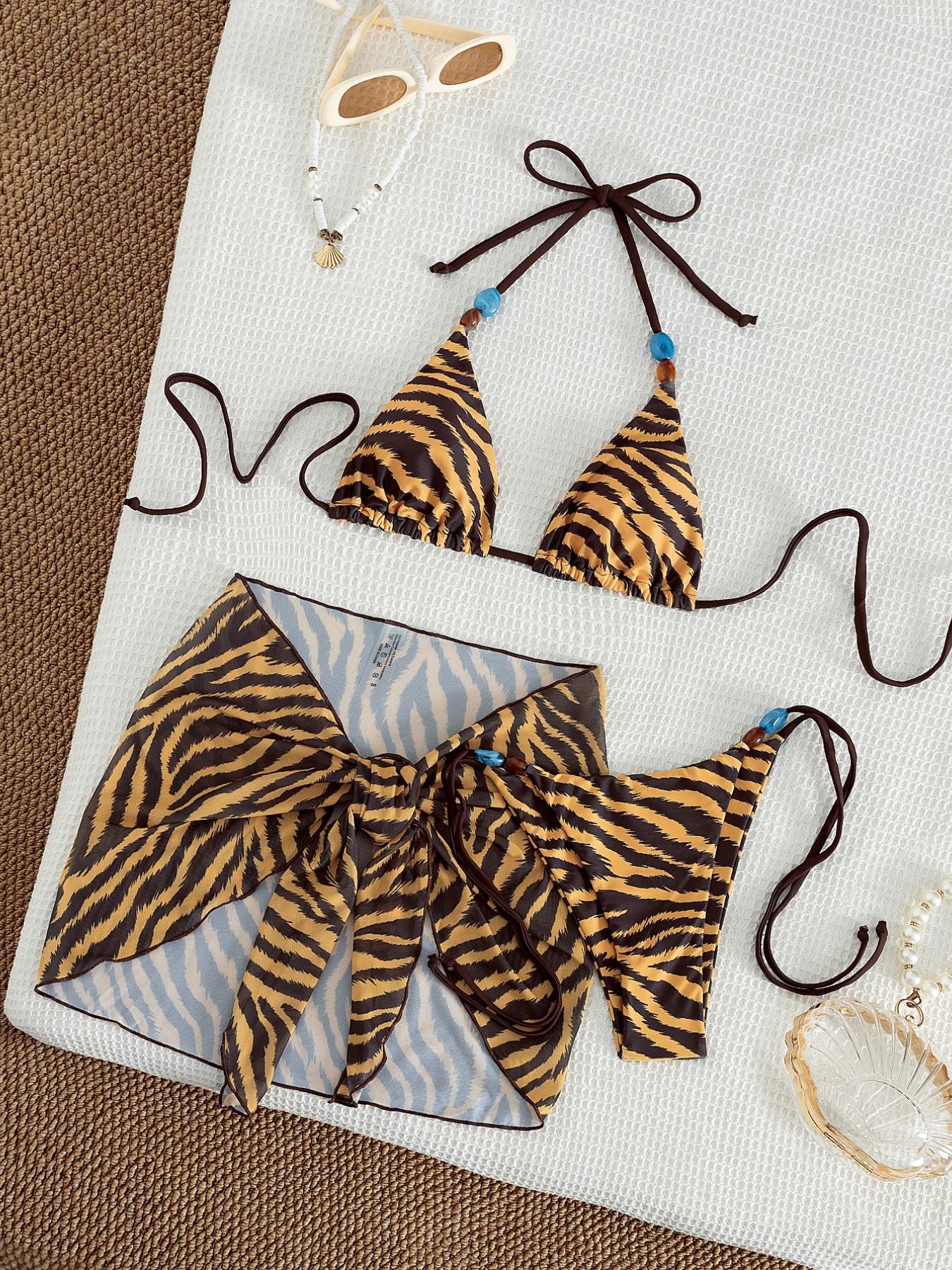 Women's summer beach brown three-piece tie back bikini suit, tiger skin print triangle halter top and side lace-up bottoms plus mesh skirt, seductive sexy swimsuit suitable for women, holiday pool party fashion swimsuit, Wrapped Bikini Set