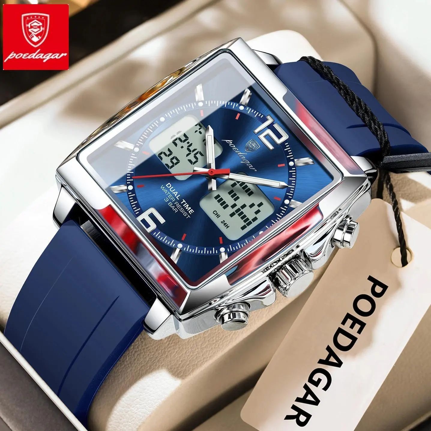 POEDAGAR Men's Fashionable Waterproof Quartz Wristwatch - 42mm High-End Practical Square Dial Watch with Alarm, Week, Date, Dual Time, Buckle, Mineral Glass, 30M Water Resistance, LED Display, Alloy Case