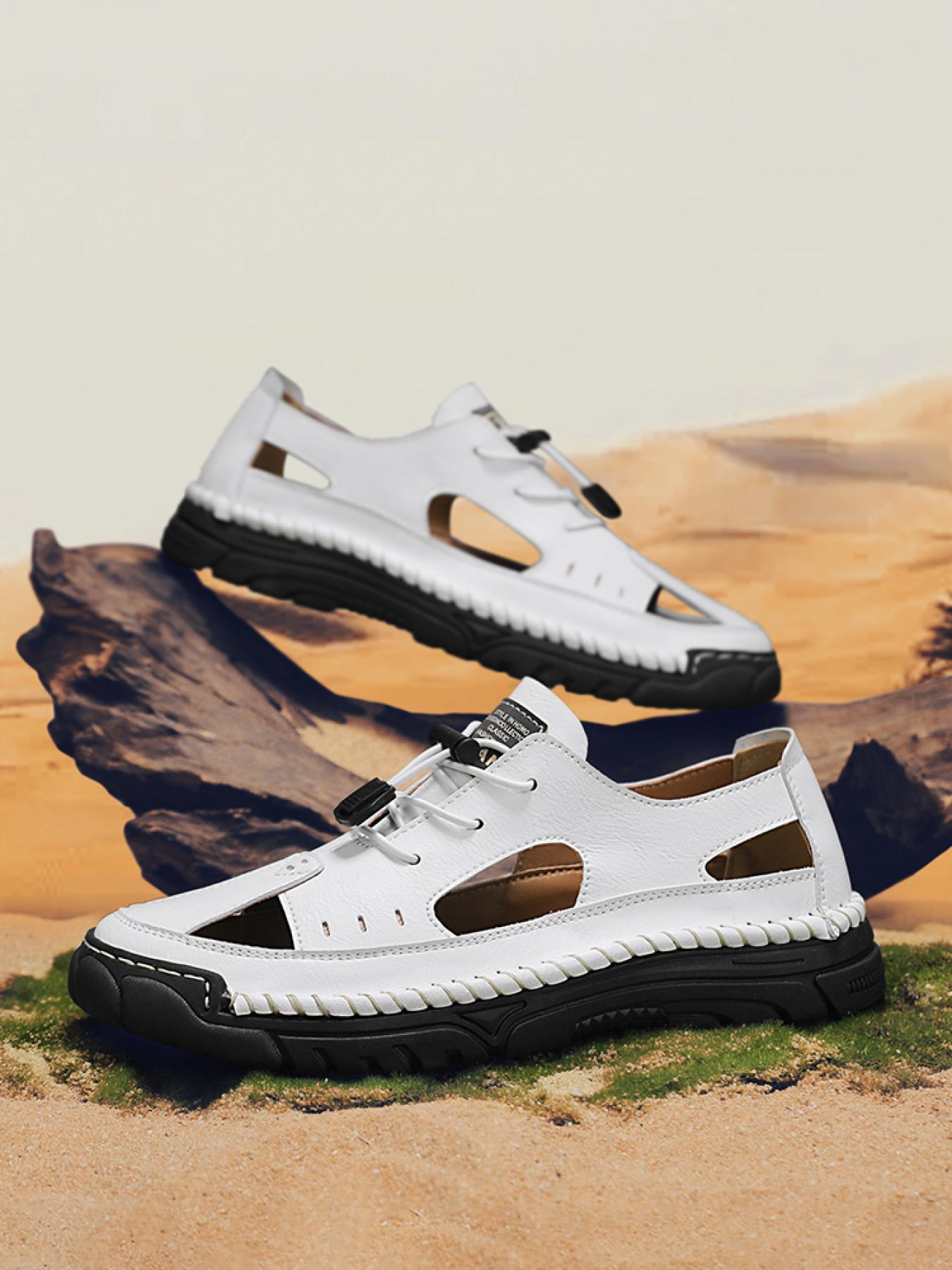 Men's Solid Color Hand-Stitched Closed-Toe Sandals Drawstring Soft Sole Water Shoes Breathable Slip-On Outdoor Beach Shoes