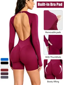 Long Sleeve Seamless Halter Bodysuit Jumpsuit with Shorts – Large Backless, Snap design,Quick-Dry Breathable Fitness Bodysuit with Hand-Cover Sleeves, Sexy Figure-Flattering Hip-Lifting One-Piece for Sports, Fitness, Dance & Outdoor.