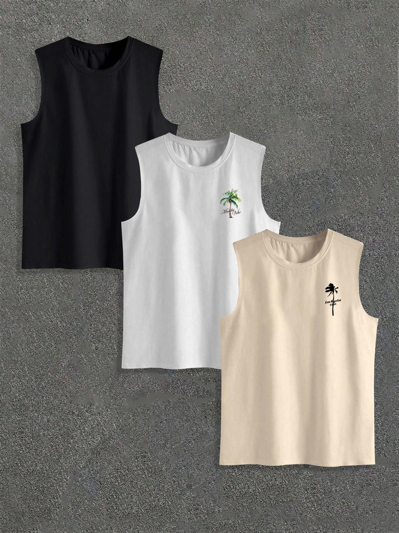 Men's Palm Tree Print Tank Top, Regular Fit Casual Sleeveless Round Neck Top for Summer, Men's Top for Outdoor Activities, Menswear, Graphic Tees, Athletic Tank Tops, Sleeveless Basic Tanks, Workout Tank Tops, Beach Tank