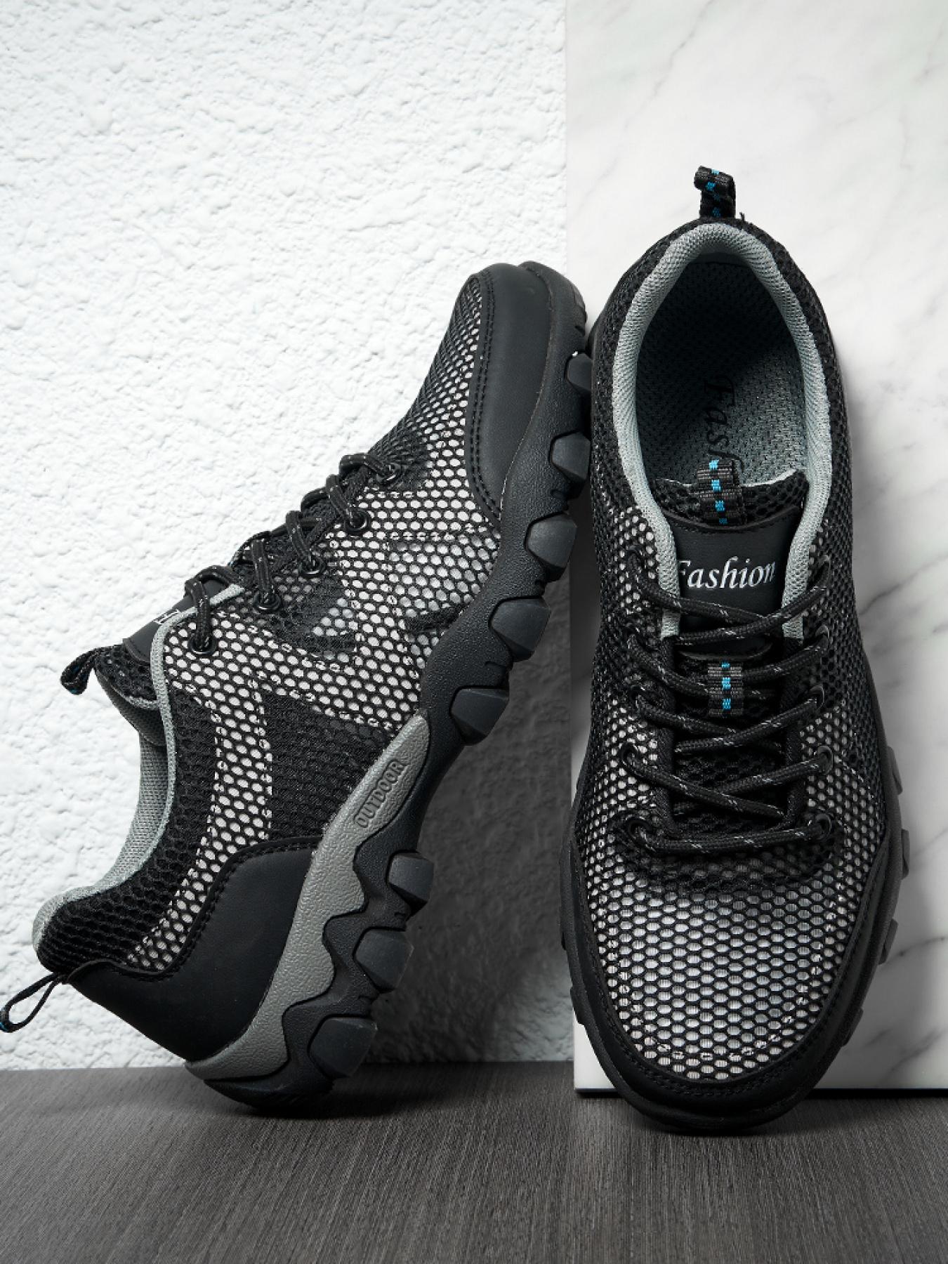 Men's Solid Color Mesh Breathable Outdoor Hiking Shoes Lace-up Closed-toe Trekking Shoes Non-slip Wear-resistant Casual Sneakers