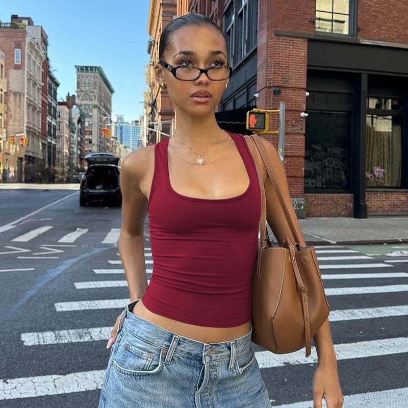 Women‘s Basic Solid U Neck Tank Top, Sleeveless Backless Plain Slim Fit Crop Top for Party Club Date Holiday Daily Casual Outdoor Clothes Wear, Casual Fitted Sleeveless