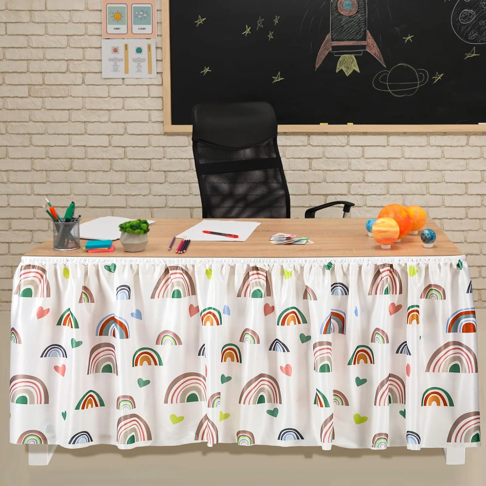9 Feet Bohemian Style Table Skirt, Rainbow Color, Suitable for Teacher Office Desk, Classroom Decor, Back-To-School Party Supplies