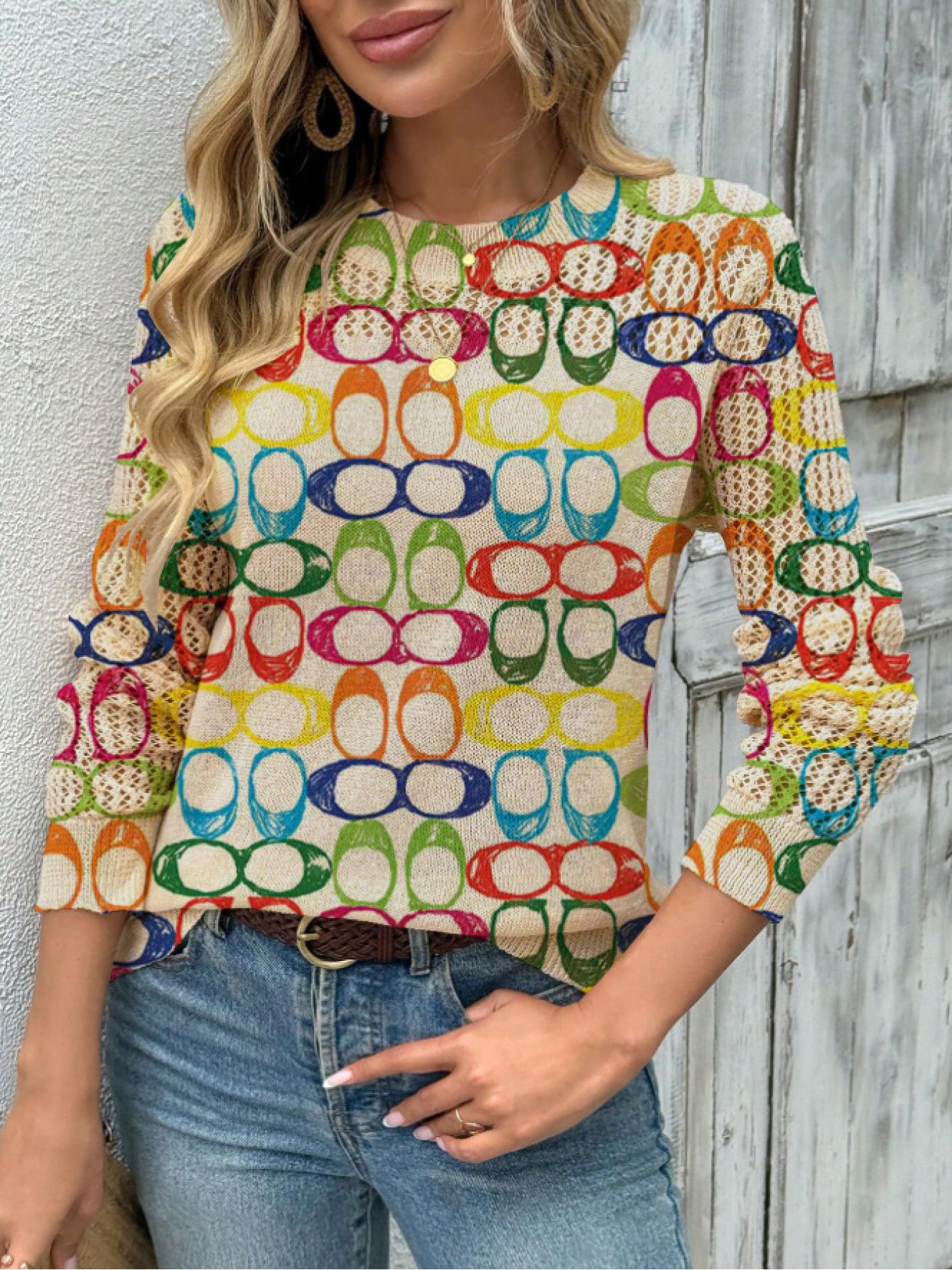 Women's Geometric Pattern Colorblock Print Round Neck Sweater, Casual Long Sleeve Knitwear for Fall Winter, Comfortable Warm Daily Wear