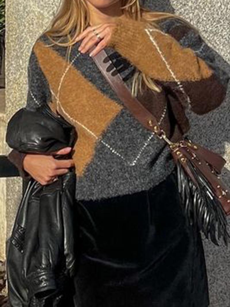 Fashion Casual Argyle Knit V-Neck Loose Long Sleeve Sweater, Fitted Short Style for Fall, Women's Comfortable Pullover