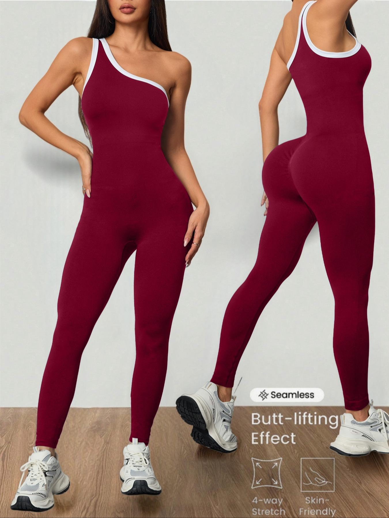 Women's Colorblock Asymmetrical Neck Knit Yoga Jumpsuit, Casual Slim-Fitting Sleeveless Jumpsuit for All Seasons, Sports Jumpsuit, Sporty Jumpsuit
