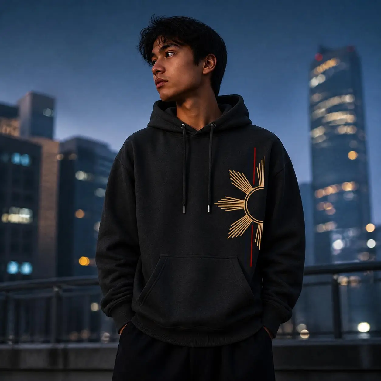 Unisex Minimalist Filipino Sun Flag Line Graphic Pullover Hoodie, Philippines Heritage Half Sun Red Blue Stripe Aesthetic Casual Streetwear Sweatshirt