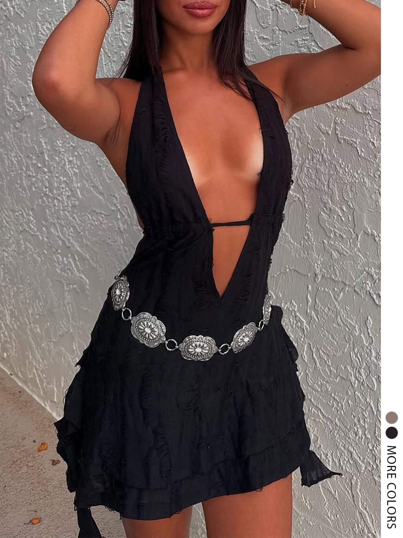 LovelyWholesale Women's Summer Vacation Solid Color Ripped Design Asymmetrical Hem Tie Halter Backless Sexy Mini Dress, Sexy Style, Perfect for Vacations