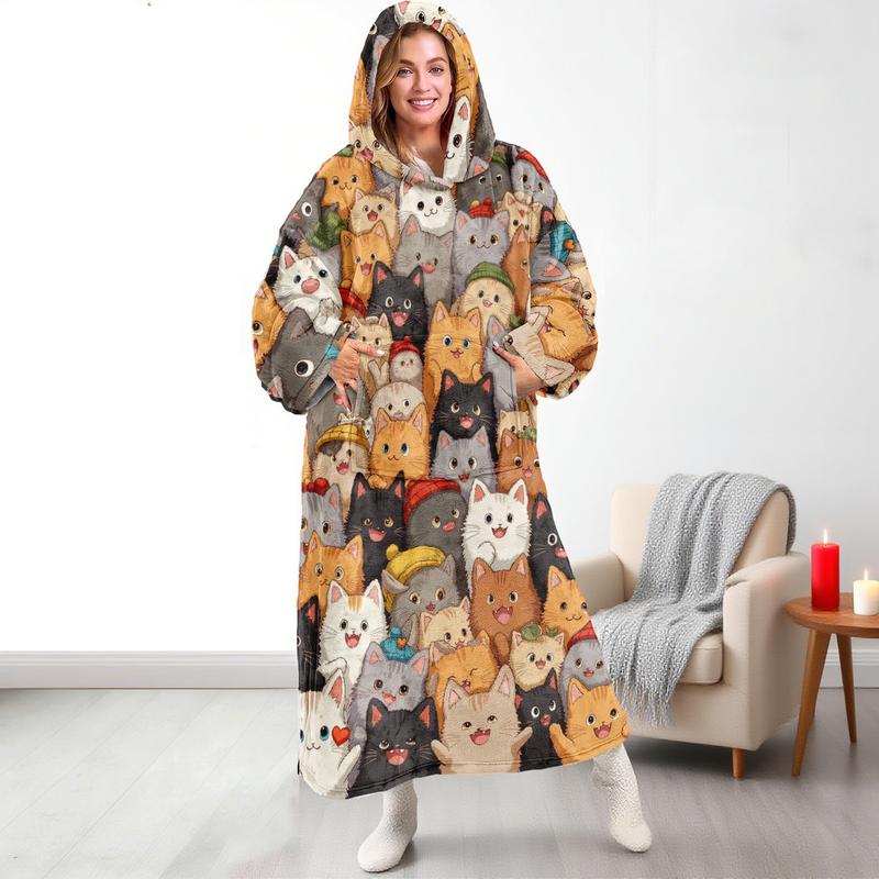 Hooded blanket, Cozy hooded blanket, wearable blanket, women's fleece-lined bathrobe, pajamas, plus-size thickened loungewear with multiple cat prints. Suitable for loungewear at home, perfect as a gift for Christmas or Valentine's Day