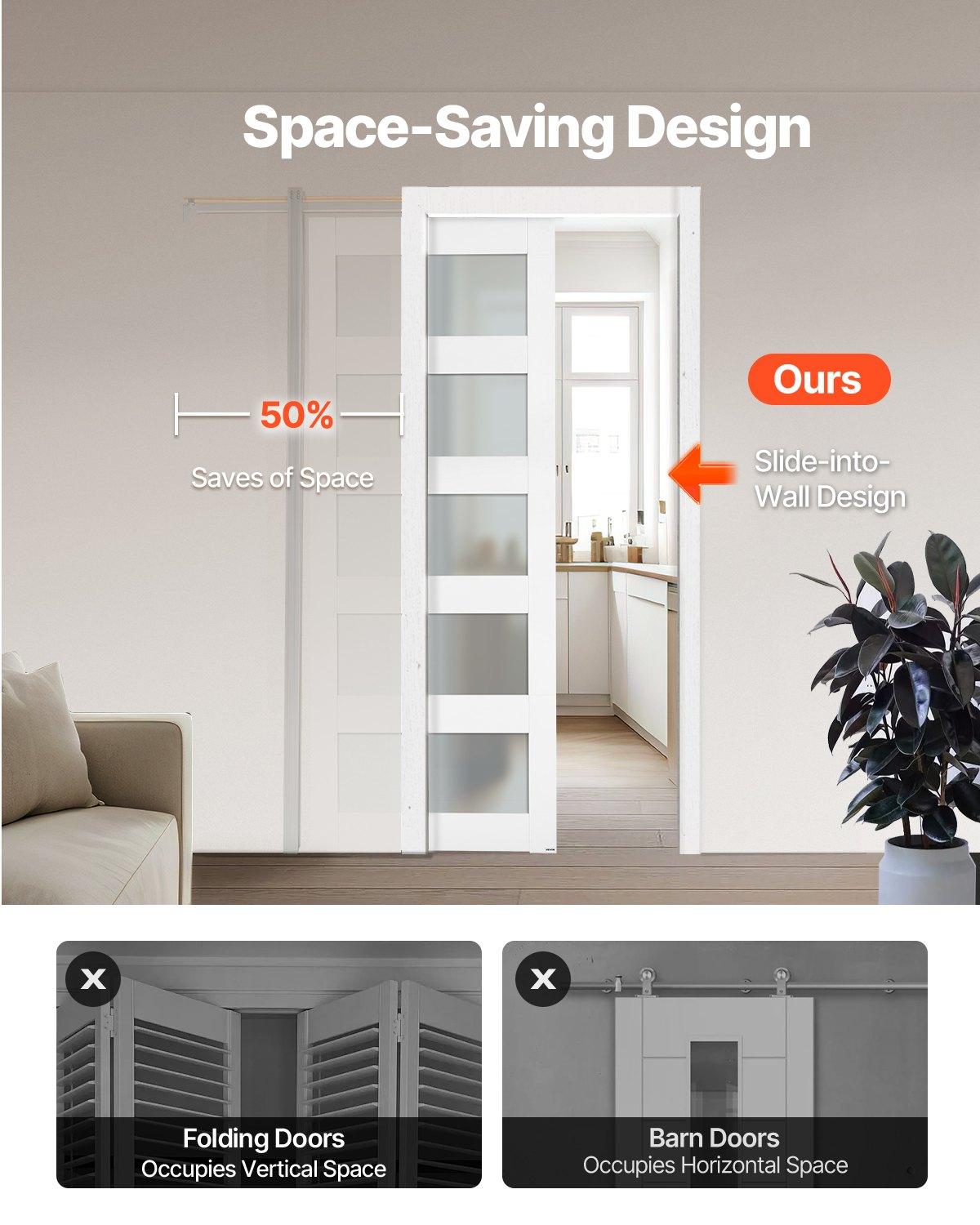 VEVOR Sliding Pocket Door, 36" x 80", 5-Lite Frosted Glass Single Sliding Door with Hardware Kit, Sturdy Solid Wood MDF Pocket Doors Slab with Waterproof Surface for Bedroom Kitchen Study Room
