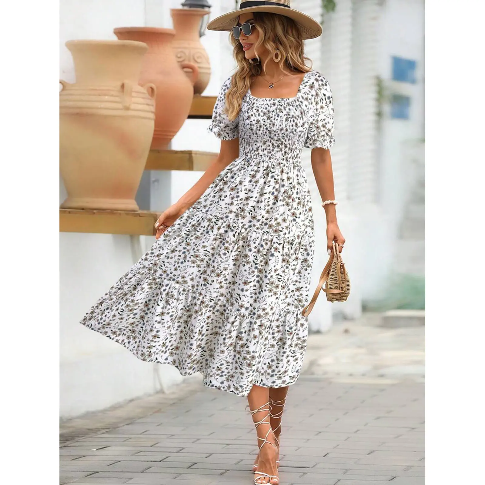 Women's Square Neck Puff Short Sleeve Floral Midi Dress, Smocked Waist Tiered Ruffle Flowy Summer Dress for Holiday Casual