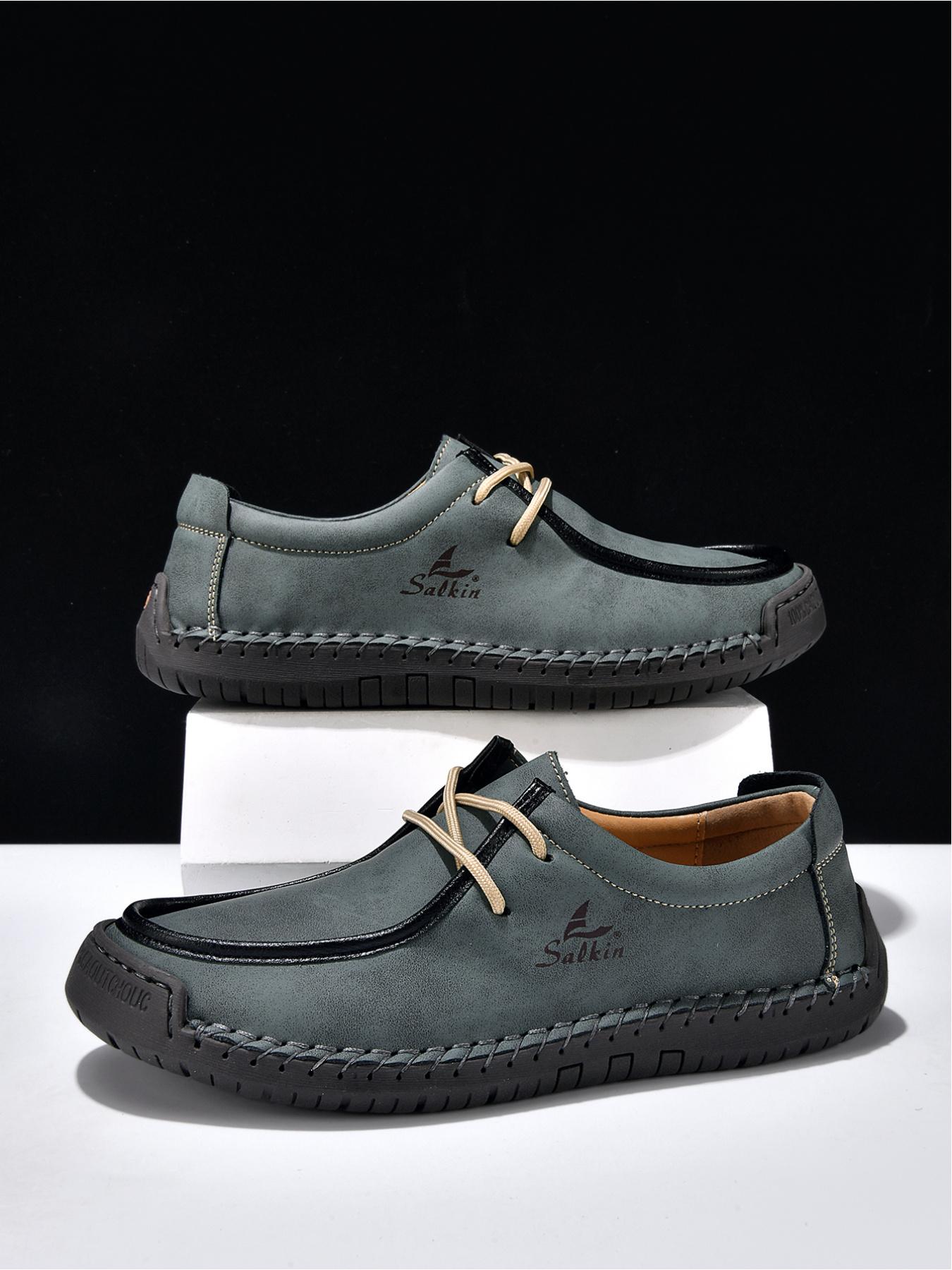 Men's Black Hand-Stitched Casual Shoes, Soft Sole Non-Slip Slip-On Driving Shoes, Dad Shoes