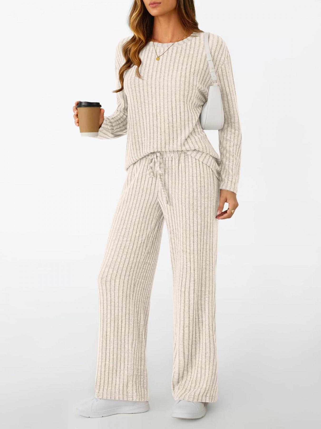 Womens Lounge Sets 2 Piece Matching Pajamas Loungewear Fall Fashion 2025 Ribbed Knit Outfits Long Sleeve Casual Sweatsuits
