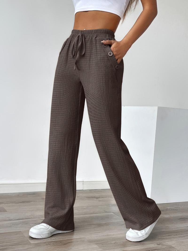 Women's Autumn Casual Faux Drawstring Texture Pocket Pants, Comfortable Long Trousers for Daily Wear, Stylish Ladies' Fashion Apparel, Womenswear, Bottoms