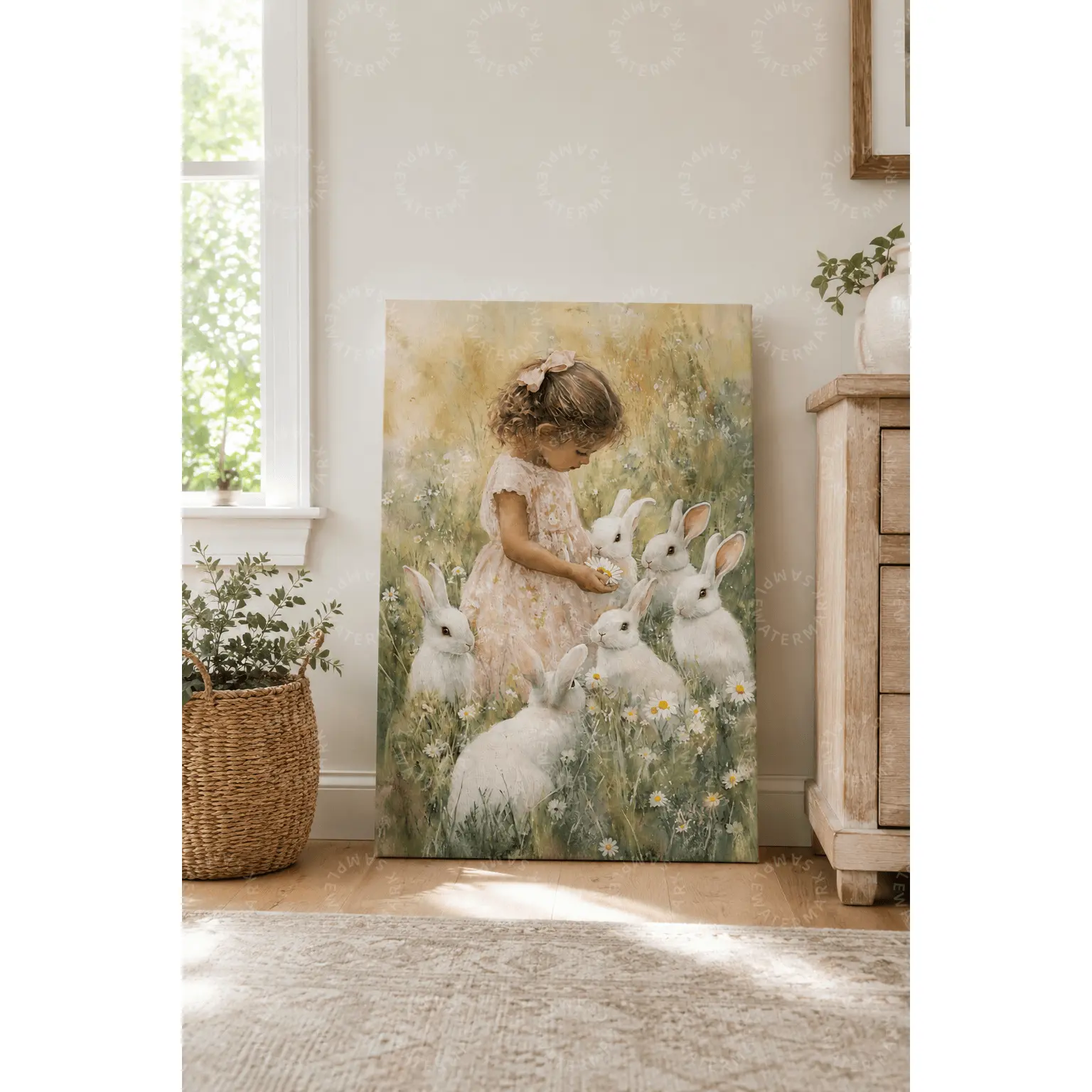Cute Girl and White Rabbits Canvas Wall Art, Whimsical Bunny Garden Poster, Vintage Cottagecore Artwork, Aesthetic Poster for Bedroom Wall Decor, Nursery Room Decor, Kids Room Wall Art, Living Room Decor, Nature Inspired Gift