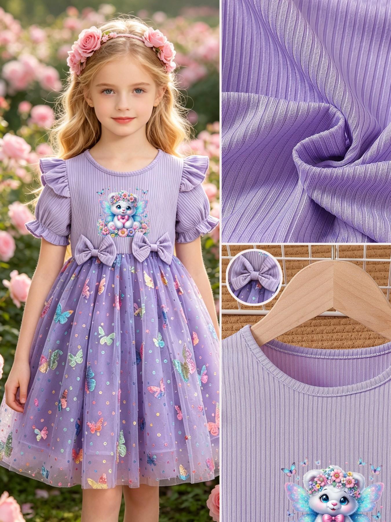 Girls' Elegant Princess Dress, Cartoon Butterfly Print, Slim-Fitting Summer Gown, Perfect for Easter, Valentine's Day, Parties, Gifts, Birthdays