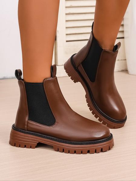 Chunky Sole Chelsea Boots for Women, Trendy High Heel Ankle Boots, Casual PU Leather Short Boots for Fall & Winter